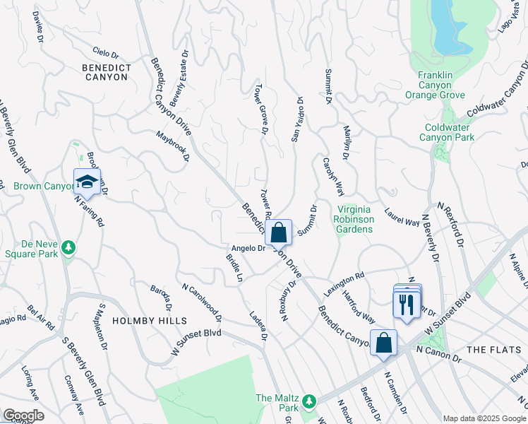 map of restaurants, bars, coffee shops, grocery stores, and more near 1109 Tower Road in Beverly Hills