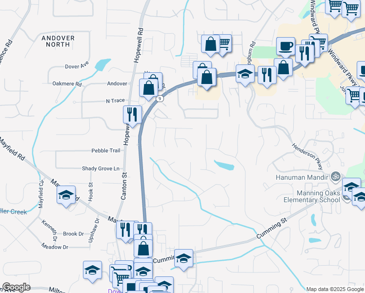 map of restaurants, bars, coffee shops, grocery stores, and more near 5030 Winship Court in Alpharetta