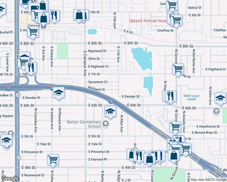 map of restaurants, bars, coffee shops, grocery stores, and more near 1558 North Hope Avenue in Ontario