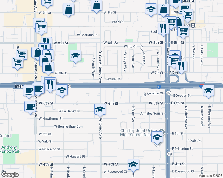 map of restaurants, bars, coffee shops, grocery stores, and more near 1557 North Beverly Court in Ontario