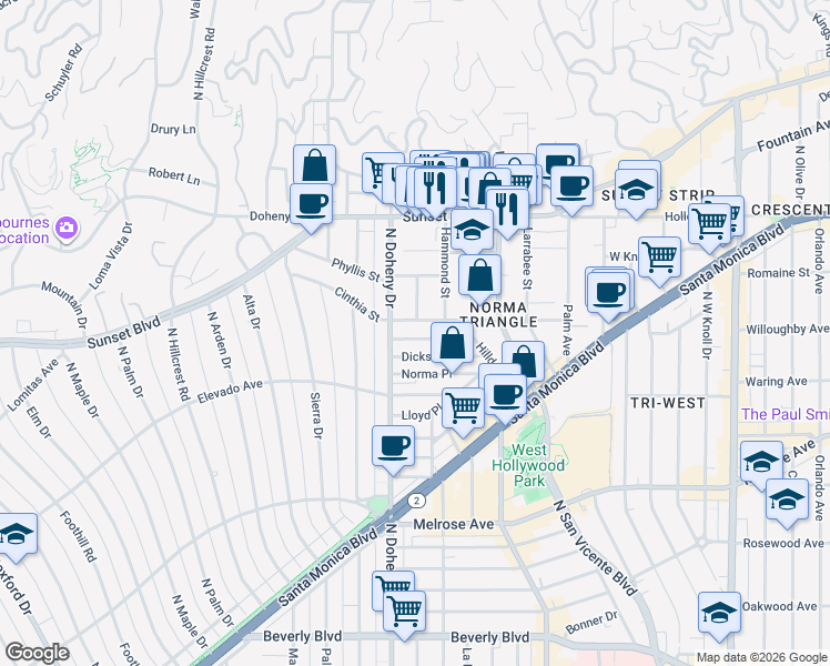 map of restaurants, bars, coffee shops, grocery stores, and more near 9033 Vista Grande Street in West Hollywood