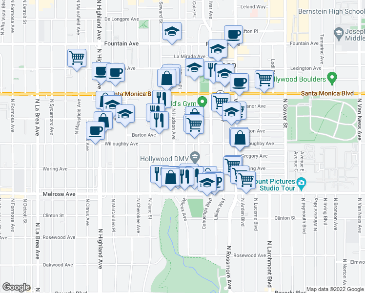 map of restaurants, bars, coffee shops, grocery stores, and more near 912 North Hudson Avenue in Los Angeles