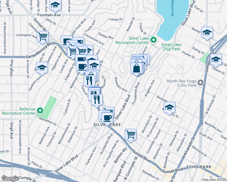 map of restaurants, bars, coffee shops, grocery stores, and more near 1530 Elevado Street in Los Angeles