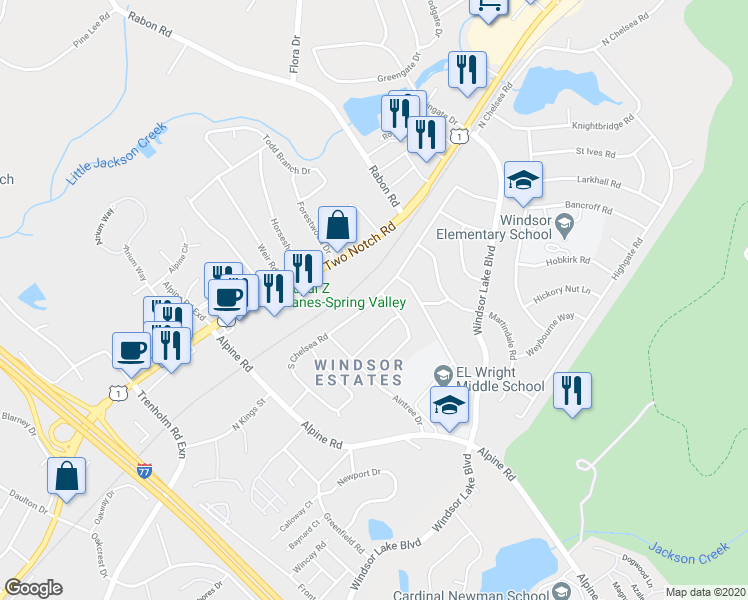 map of restaurants, bars, coffee shops, grocery stores, and more near 9537 South Chelsea Road in Columbia