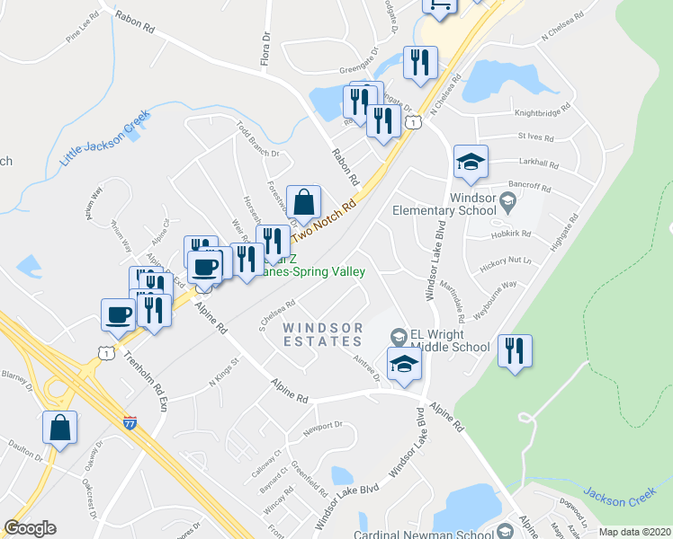 map of restaurants, bars, coffee shops, grocery stores, and more near South Chelsea Road in Columbia