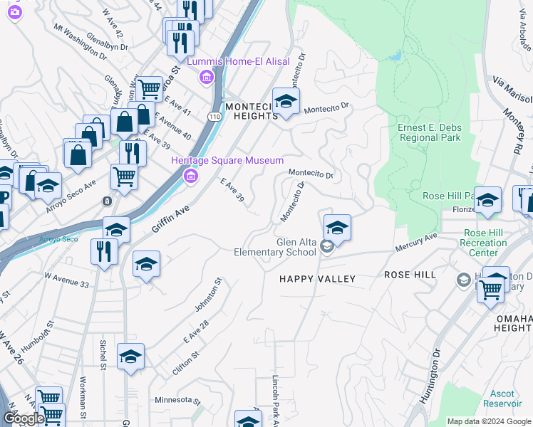 map of restaurants, bars, coffee shops, grocery stores, and more near 1040 Montecito Drive in Los Angeles