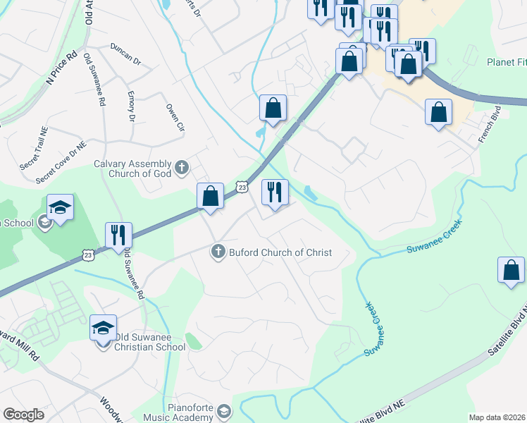 map of restaurants, bars, coffee shops, grocery stores, and more near 4255 Buford Valley Way in Buford