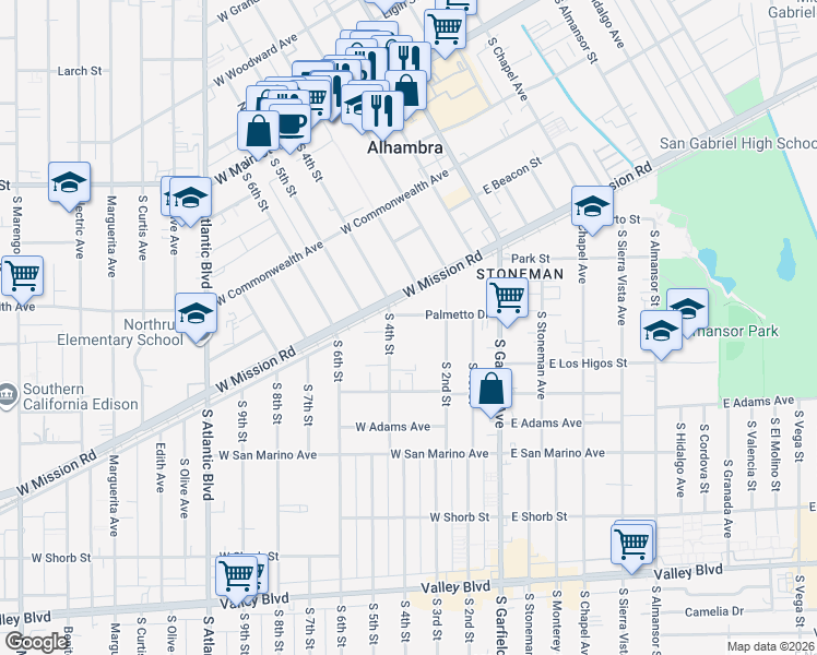 map of restaurants, bars, coffee shops, grocery stores, and more near 304 Palmetto Drive in Alhambra