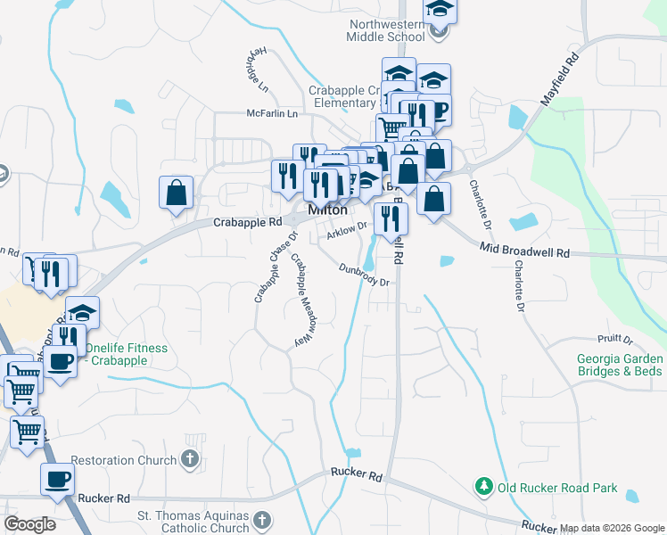map of restaurants, bars, coffee shops, grocery stores, and more near 681 Dunbrody Drive in Milton