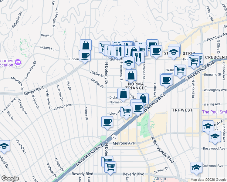map of restaurants, bars, coffee shops, grocery stores, and more near 9033 Vista Grande Street in West Hollywood