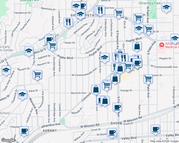 map of restaurants, bars, coffee shops, grocery stores, and more near 509 Westminster Avenue in Alhambra