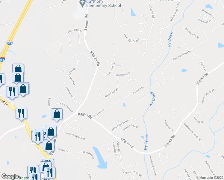 map of restaurants, bars, coffee shops, grocery stores, and more near 2292 Silver Fox Lane in Buford