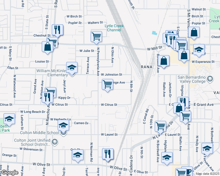 map of restaurants, bars, coffee shops, grocery stores, and more near 269 West Pleasant View Avenue in Colton