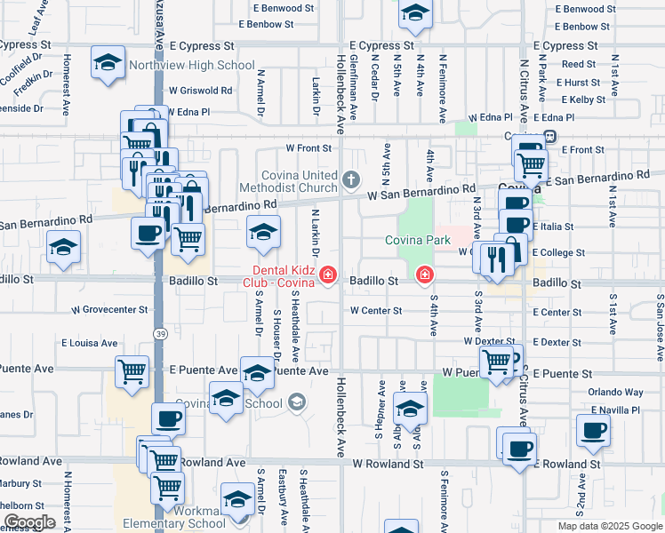 map of restaurants, bars, coffee shops, grocery stores, and more near 214 North Larkin Drive in Covina
