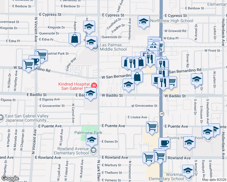 map of restaurants, bars, coffee shops, grocery stores, and more near 1235 Badillo Street in Covina