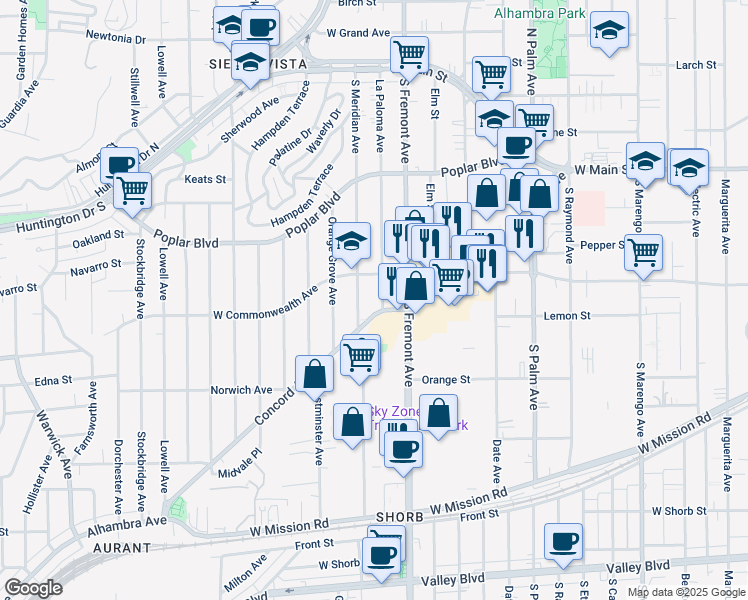 map of restaurants, bars, coffee shops, grocery stores, and more near 611 La Paloma Avenue in Alhambra