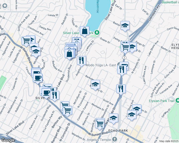 map of restaurants, bars, coffee shops, grocery stores, and more near 1642 North Benton Way in Los Angeles