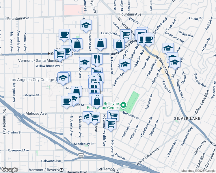 map of restaurants, bars, coffee shops, grocery stores, and more near 4226 Burns Avenue in Los Angeles