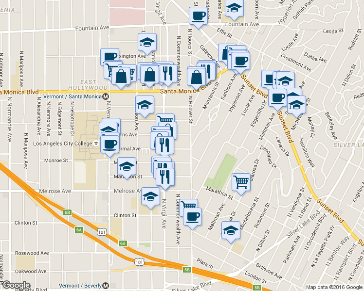 map of restaurants, bars, coffee shops, grocery stores, and more near 4226 Burns Avenue in Los Angeles
