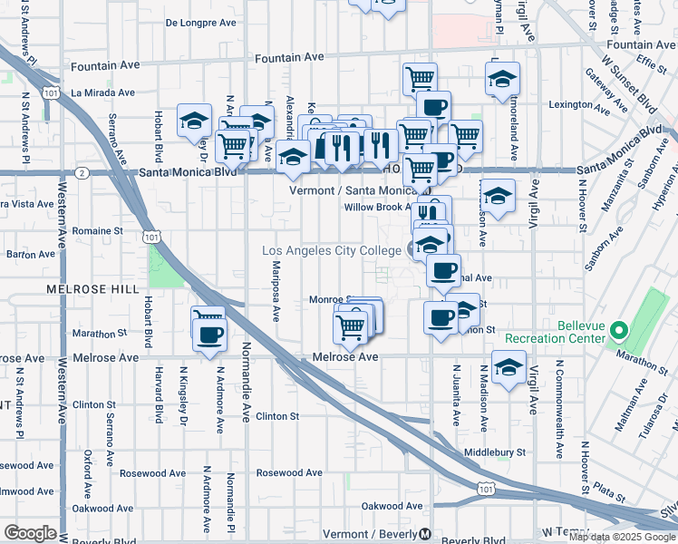 map of restaurants, bars, coffee shops, grocery stores, and more near in Los Angeles