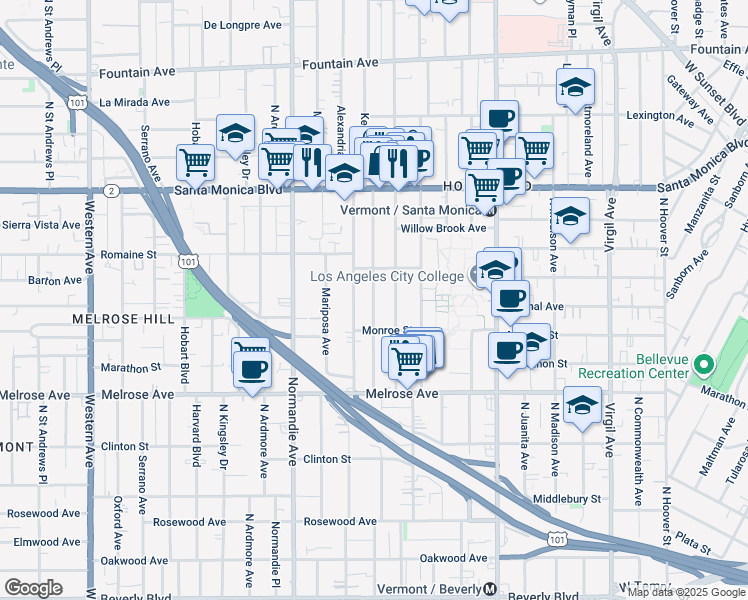 map of restaurants, bars, coffee shops, grocery stores, and more near 854 North Alexandria Avenue in Los Angeles