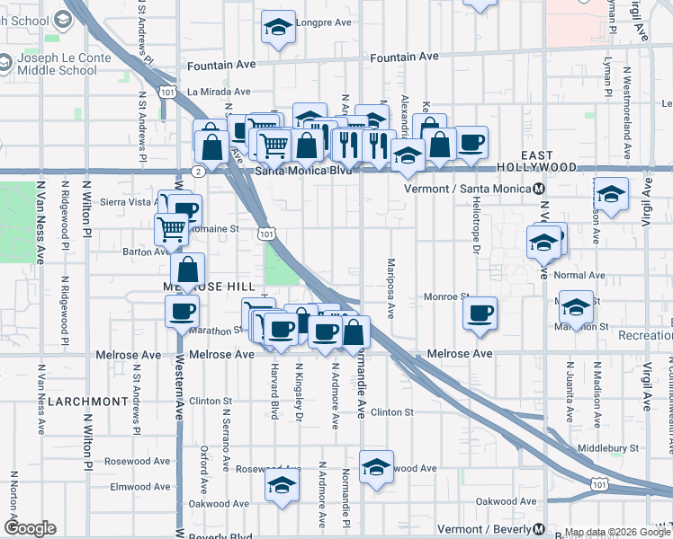 map of restaurants, bars, coffee shops, grocery stores, and more near 947 1/2 North Ardmore Avenue in Los Angeles
