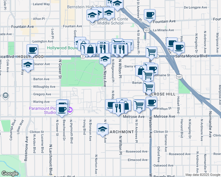 map of restaurants, bars, coffee shops, grocery stores, and more near 900 North Van Ness Avenue in Los Angeles