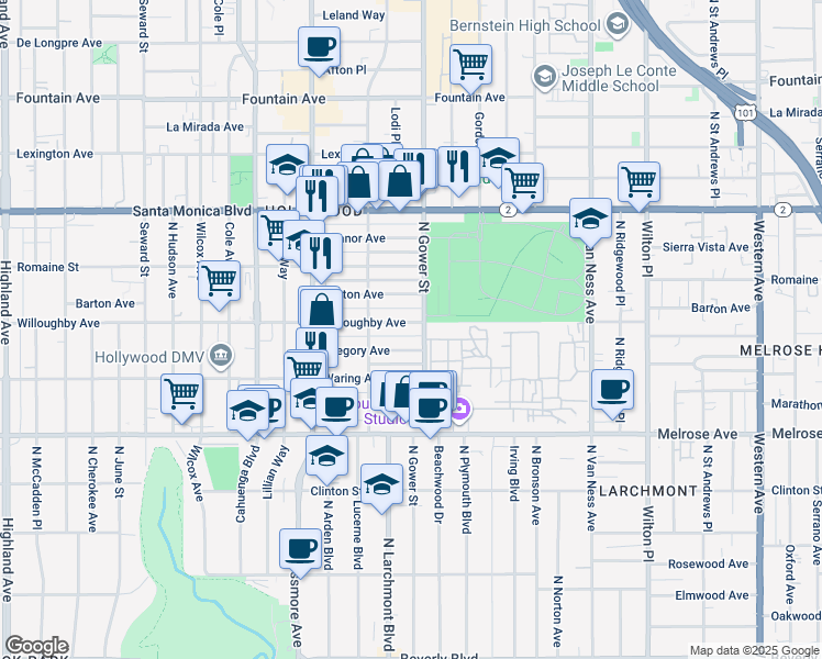 map of restaurants, bars, coffee shops, grocery stores, and more near 5819 Willoughby Avenue in Los Angeles