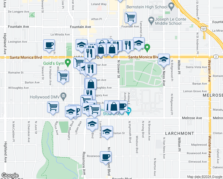 map of restaurants, bars, coffee shops, grocery stores, and more near 5819 Willoughby Avenue in Los Angeles