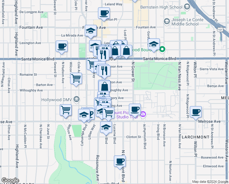 map of restaurants, bars, coffee shops, grocery stores, and more near 910 North El Centro Avenue in Los Angeles