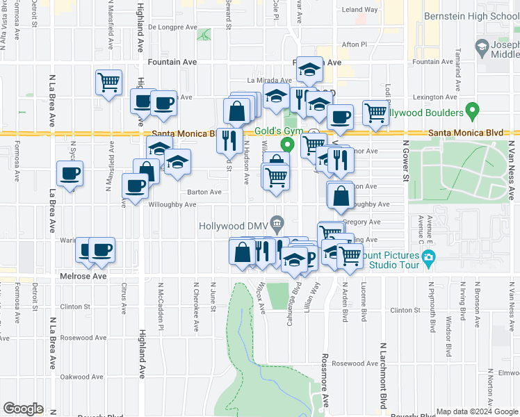 map of restaurants, bars, coffee shops, grocery stores, and more near 912 North Hudson Avenue in Los Angeles
