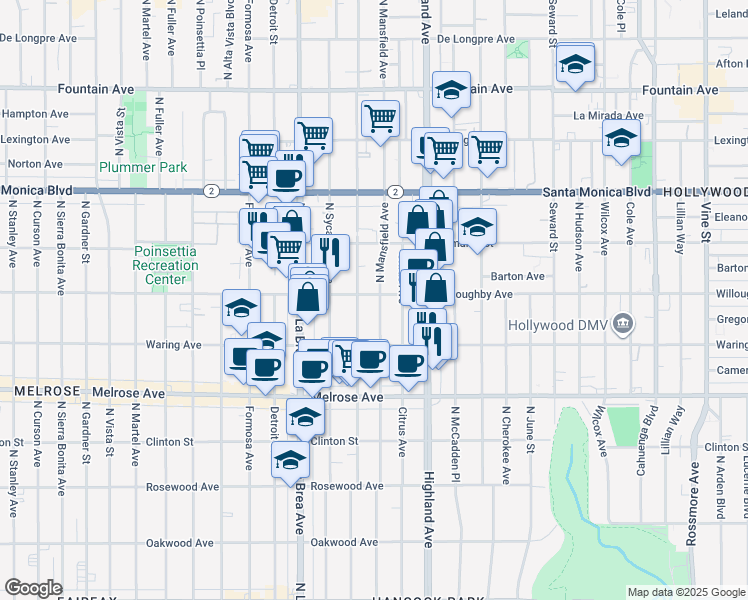 map of restaurants, bars, coffee shops, grocery stores, and more near 915 North Orange Drive in Los Angeles