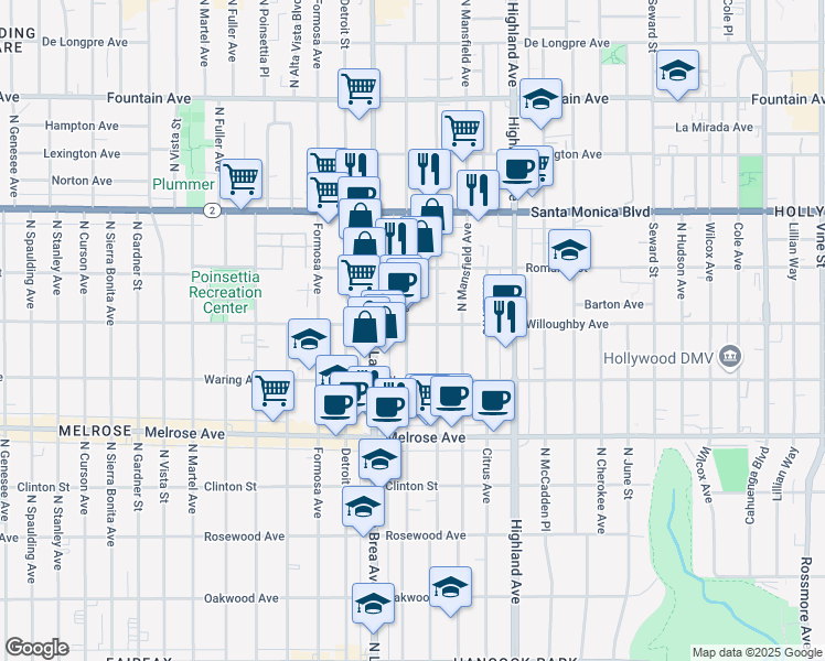 map of restaurants, bars, coffee shops, grocery stores, and more near 7029 Willoughby Avenue in Los Angeles