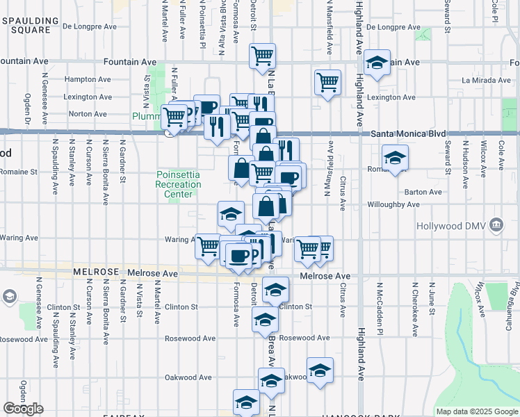 map of restaurants, bars, coffee shops, grocery stores, and more near 7165 Willoughby Avenue in Los Angeles