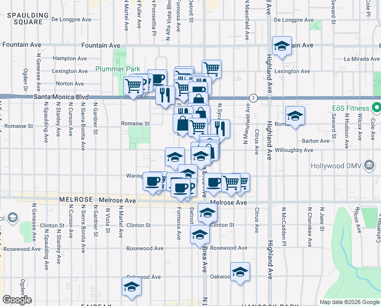 map of restaurants, bars, coffee shops, grocery stores, and more near 7165 Willoughby Avenue in Los Angeles