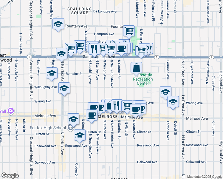 map of restaurants, bars, coffee shops, grocery stores, and more near 909 North Sierra Bonita Avenue in West Hollywood