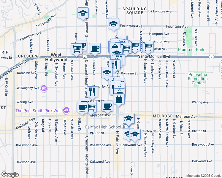 map of restaurants, bars, coffee shops, grocery stores, and more near 905 1/2 North Fairfax Avenue in West Hollywood