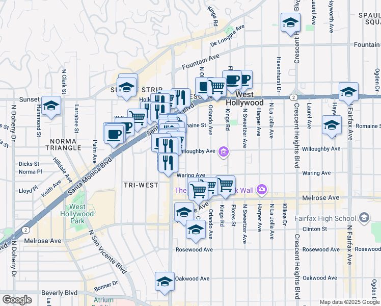 map of restaurants, bars, coffee shops, grocery stores, and more near 911 North Alfred Street in Los Angeles