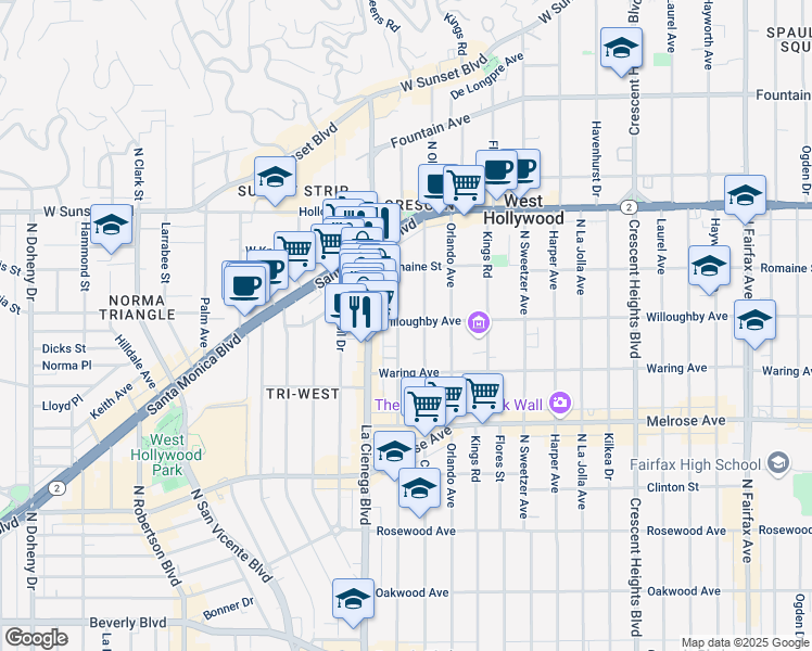 map of restaurants, bars, coffee shops, grocery stores, and more near 911 North Alfred Street in Los Angeles