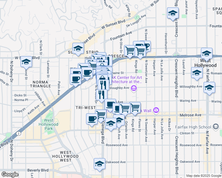 map of restaurants, bars, coffee shops, grocery stores, and more near 911 North Alfred Street in Los Angeles