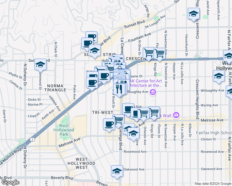 map of restaurants, bars, coffee shops, grocery stores, and more near 894 North West Knoll Drive in West Hollywood
