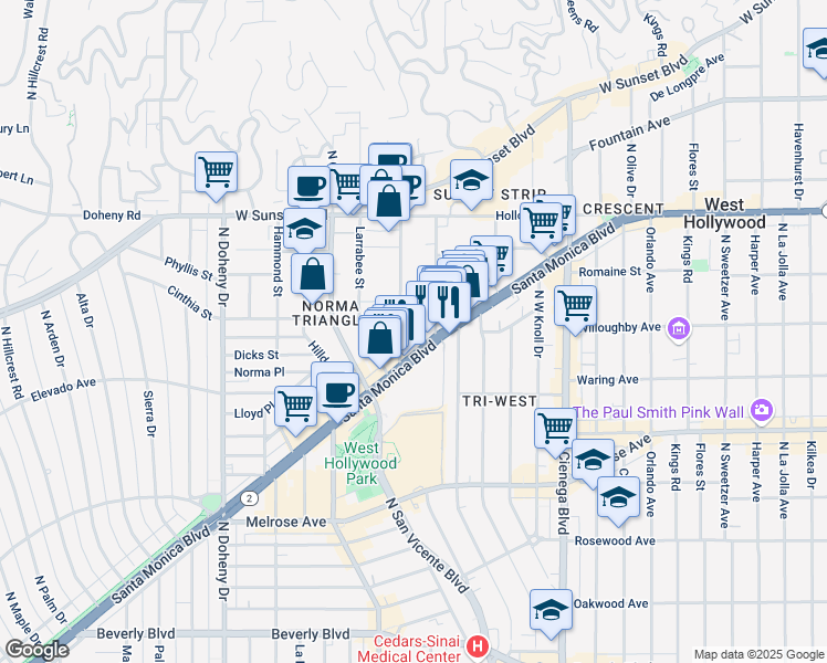 map of restaurants, bars, coffee shops, grocery stores, and more near 909 Palm Avenue in West Hollywood