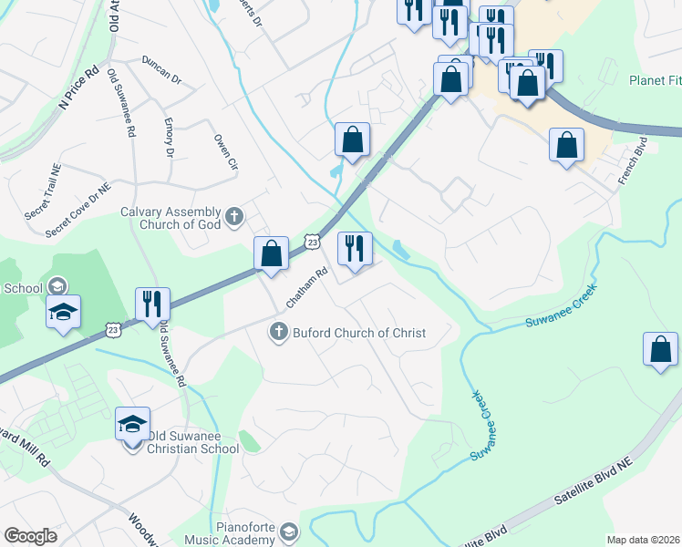 map of restaurants, bars, coffee shops, grocery stores, and more near 4247 Chatham Ridge Drive in Buford