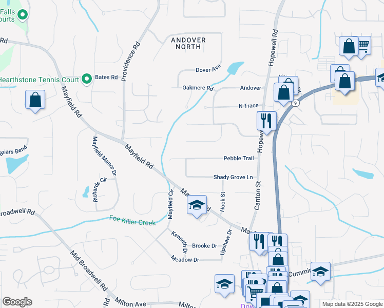 map of restaurants, bars, coffee shops, grocery stores, and more near 265 Pebble Trail in Alpharetta