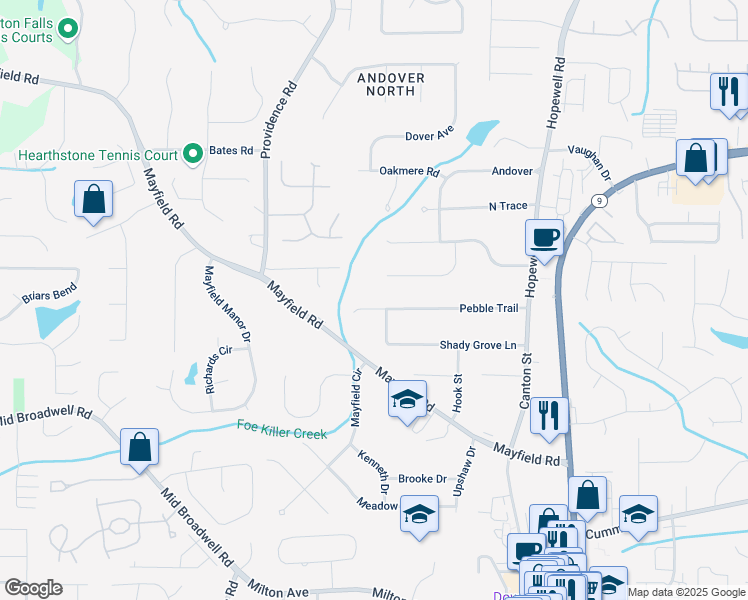 map of restaurants, bars, coffee shops, grocery stores, and more near 295 Pebble Trail in Alpharetta