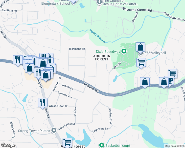 map of restaurants, bars, coffee shops, grocery stores, and more near 303 Red Bird Way in Woodstock