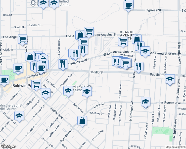 map of restaurants, bars, coffee shops, grocery stores, and more near 15110 Badillo Street in Baldwin Park