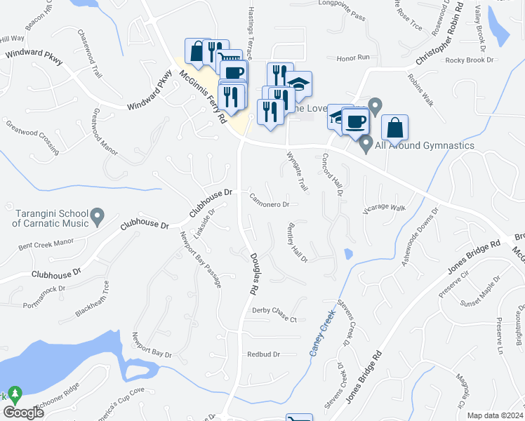 map of restaurants, bars, coffee shops, grocery stores, and more near 5605 Cannonero Drive in Alpharetta