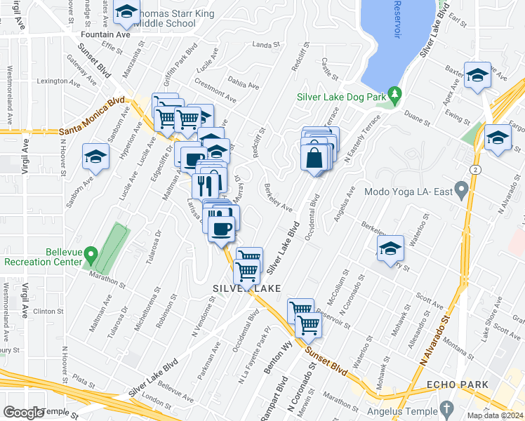 map of restaurants, bars, coffee shops, grocery stores, and more near 1530 Elevado Street in Los Angeles