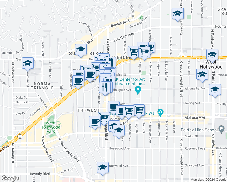 map of restaurants, bars, coffee shops, grocery stores, and more near 851 North Alfred Street in West Hollywood